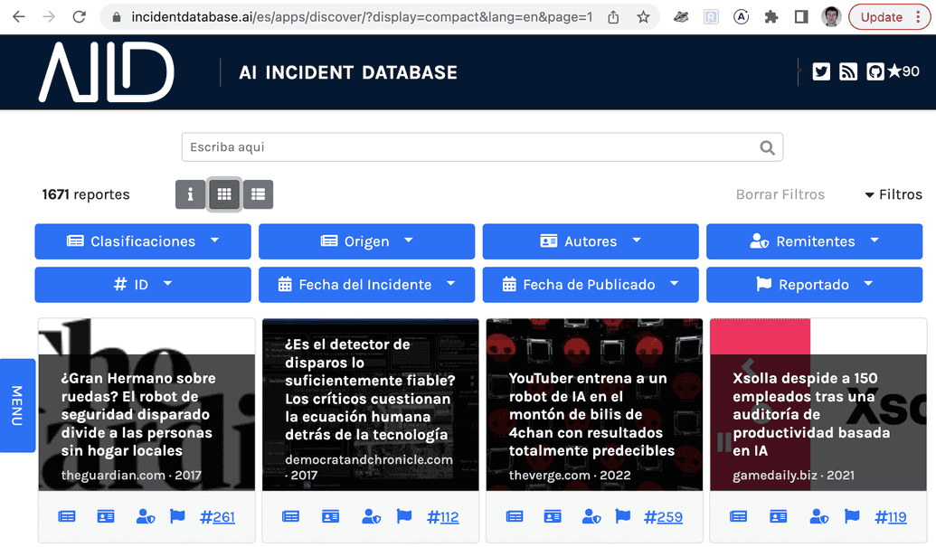 L'application de découverte de la base de données d'incidents d'IA avec des titres et des éléments d'interface utilisateur en espagnol.